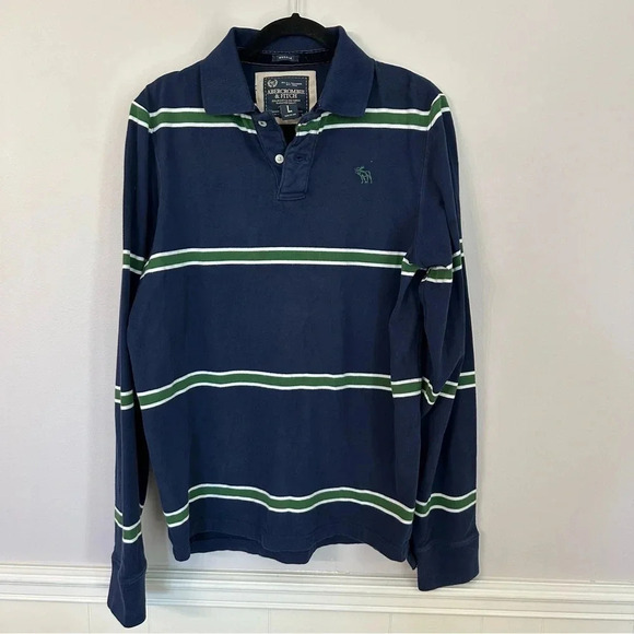 Abercrombie & Fitch Men's Long Sleeve Muscle Striped Polo Cotton Shirt Sz L GUC - Picture 2 of 7